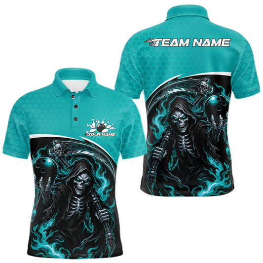 Maxcorners Custom Teal Blue Fire Flame Grim Reaper Skull Halloween Men Bowling Polo Shirt
