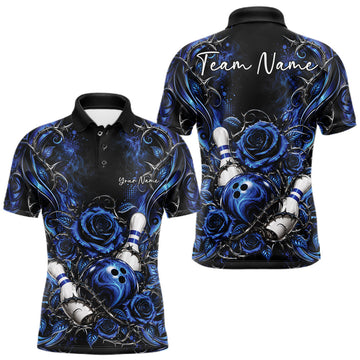 Maxcorners Personalized Blue Roses Bowling Team Jersey, Flower Bowling Men Polo Shirt Bowler Gift