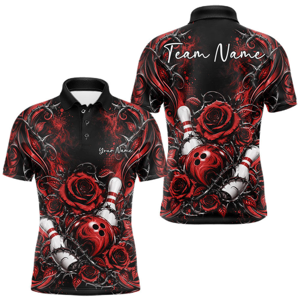Maxcorners Personalized Red Roses Bowling Team Jersey, Flower Bowling Men Polo Shirt Bowler Gift