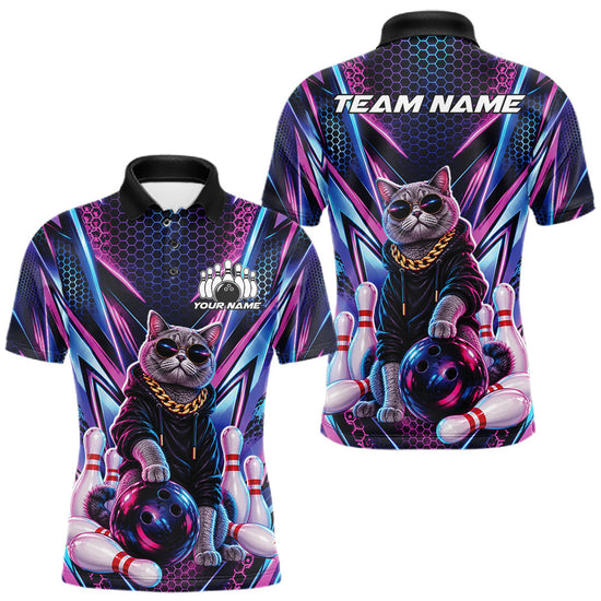 Maxcorners Custom Neon Funny Cat Bowling Team Men Polo Shirt, Cat Lovers Gift For Bowlers Bowling Jersey