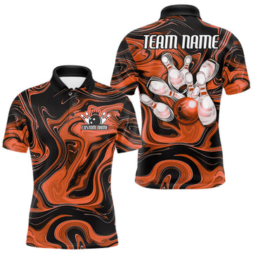 Maxcorners Custom Black And Orange Liquid Marble Bowling Team Men Polo Shirt, Bowler Jersey