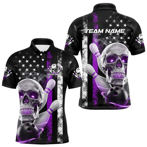 Maxcorners Purple Thin Line American Flag Custom Patriotic Us Skull Bowling Polo Shirts For Men