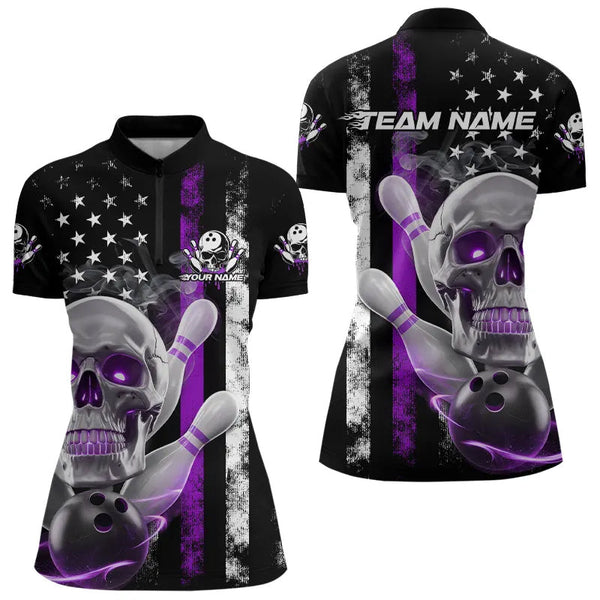 Maxcorners Purple Thin Line American Flag Custom Patriotic Us Skull Bowling Polo Shirts For Men