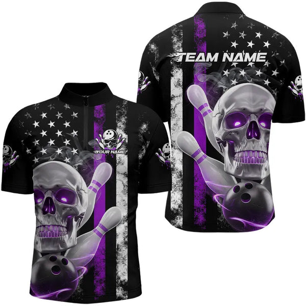 Maxcorners Purple Thin Line American Flag Custom Patriotic Us Skull Bowling Polo Shirts For Men