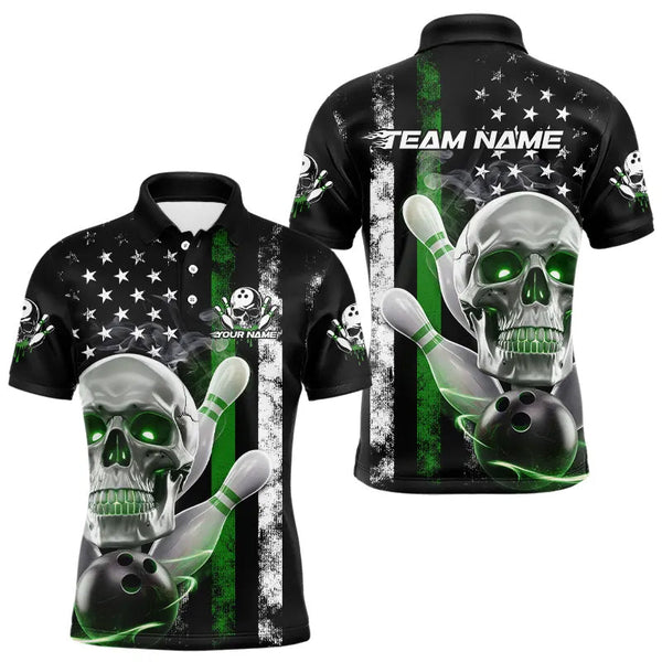 Maxcorners Green Thin Line American Flag Custom Patriotic Us Skull Bowling Polo Shirts For Men