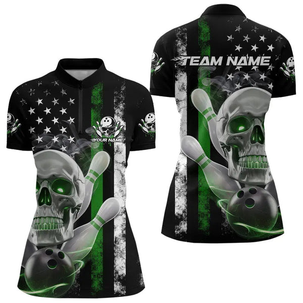 Maxcorners Green Thin Line American Flag Custom Patriotic Us Skull Bowling Polo Shirts For Men