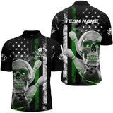 Maxcorners Green Thin Line American Flag Custom Patriotic Us Skull Bowling Polo Shirts For Men