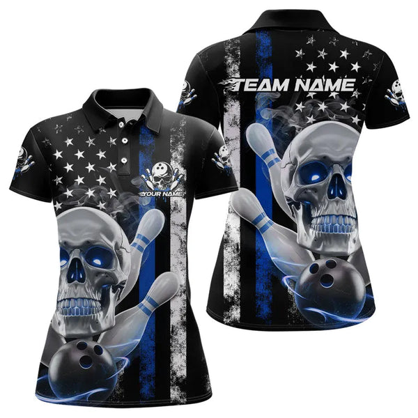 Maxcorners Blue Thin Line American Flag Custom Patriotic Us Skull Bowling Polo Shirts For Men