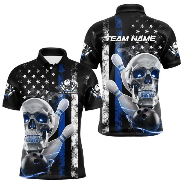 Maxcorners Blue Thin Line American Flag Custom Patriotic Us Skull Bowling Polo Shirts For Men