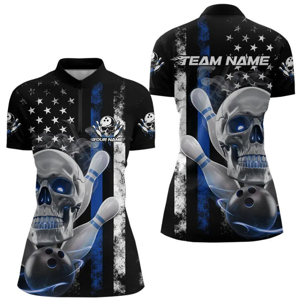 Maxcorners Blue Thin Line American Flag Custom Patriotic Us Skull Bowling Polo Shirts For Men