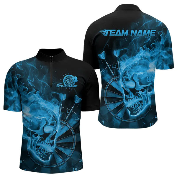 Maxcorners Custom Black And Blue Flame Skull Dart Polo Shirts For Men, Fire Dart Bowling Team Shirt