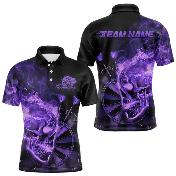 Maxcorners Custom Black And Purple Flame Skull Dart Polo Shirts For Men, Fire Dart Bowling Team Shirts