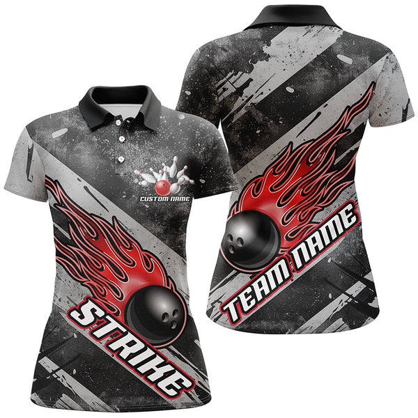 Maxcorners Black And Red Flame Bowling Ball Custom Team Shirts For Men And Women, Tournament Team Jerseys