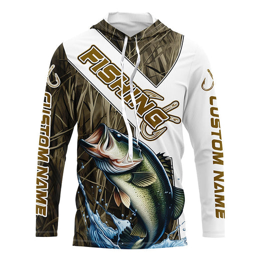 Maxcorners Largemouth Bass Fishing Fish Hook Custom Long Sleeve Shirts, Bass Jerseys Fishing Gifts | Grass Camo LM0201