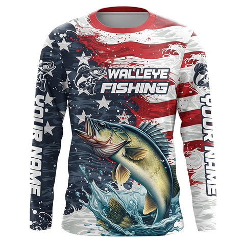 Maxcorners Custom Walleye Fishing American Flag Long Sleeve Fishing Shirts, Patriotic Walleye Fishing Shirts  LM2408