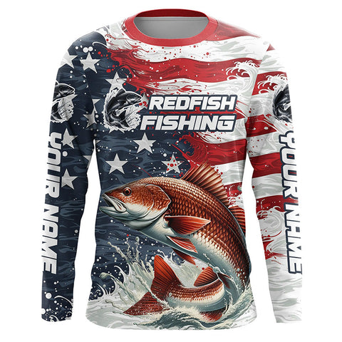 Maxcorners Custom Redfish Fishing American Flag Long Sleeve Fishing Shirts, Patriotic Redfish Fishing Shirts LM2408
