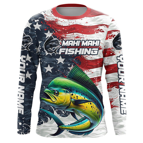 Maxcorners Custom Mahi Mahi Fishing American Flag Long Sleeve Fishing Shirts, Patriotic Mahi Fishing Shirts LM2408
