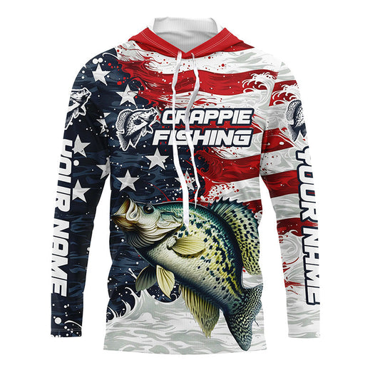 Maxcorners Custom Crappie Fishing American Flag Long Sleeve Fishing Shirts, Patriotic Crappie Fishing Shirts LM0501