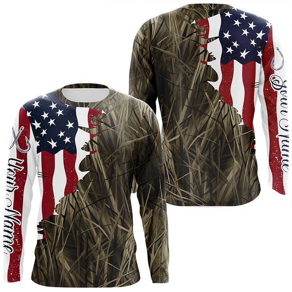 Maxcorners Custom Patriotic Camouflage Long Sleeve Fishing Shirts, Personalized Fishing Jerseys | Brown Camo MT2108