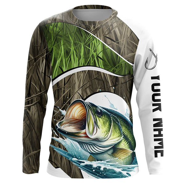 Maxcorners Personalized Largemouth Bass Fishing Camo Long Sleeve Fishing Shirts, Bass Fishing Jerseys MT2108