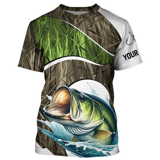 Maxcorners Personalized Largemouth Bass Fishing Camo Long Sleeve Fishing Shirts, Bass Fishing Jerseys MT2108
