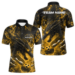 Maxcorners Custom Black And Yellow Flame Dragon Bowling Men Polo Shirt, Dragon Bowling League Shirt LM2512
