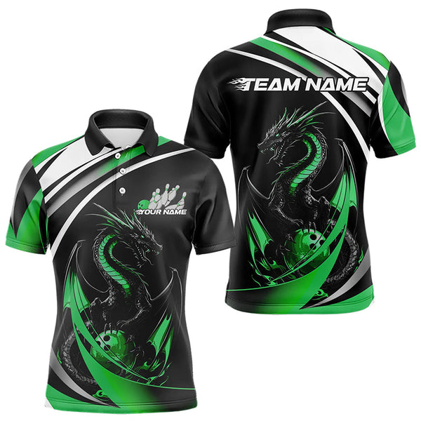 Maxcorners Custom Black And Green Dragon Bowling Jerseys, Dragon Bowling Team Polo Shirts For Men