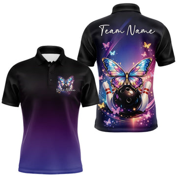 Maxcorners Custom Colorful Butterfly Bowling Men Polo Shirt, Bowling Tournament Team Shirt LM1903