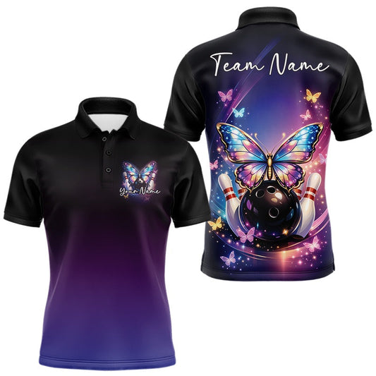 Maxcorners Custom Colorful Butterfly Bowling Men Polo Shirt, Bowling Tournament Team Shirt LM1903