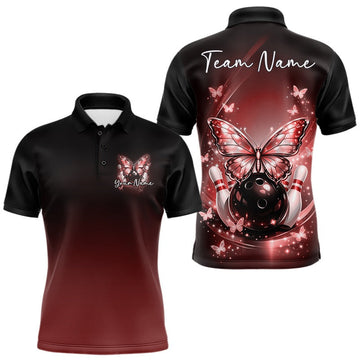 Maxcorners Custom Red Butterfly Bowling Men Polo Shirt, Bowling Tournament Team Shirt LM1903