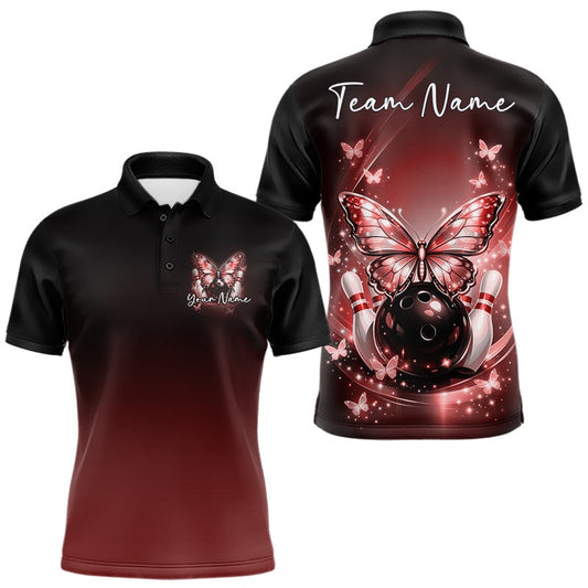 Maxcorners Custom Red Butterfly Bowling Men Polo Shirt, Bowling Tournament Team Shirt LM1903
