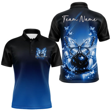 Maxcorners Custom Blue Butterfly Bowling Men Polo Shirt, Bowling Tournament Team Shirt LM1903