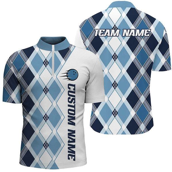 MaxCorners Bowling And Pins Blue Argyle Customized Name, Team Name 3D Stand Collar Zipper Polo Shirt For Men