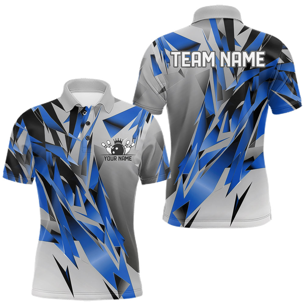 Maxcorners Blue And Gray Custom Bowling Jersey, Matching Bowling Team Men Polo Shirt Bowler Gift