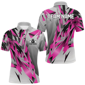 Maxcorners Pink And Gray Custom Bowling Jersey, Matching Bowling Team Men Polo Shirt Bowler Gift