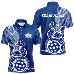 Maxcorners Custom Blue Pickleball Star Polo Shirts For Men, Outdoor Pickleball Team Uniform