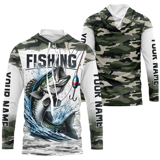 Maxcorners Bass Fishing Camo Custom Long Sleeve Fishing Shirts, Personalized Bass Fishing Jerseys LM0201