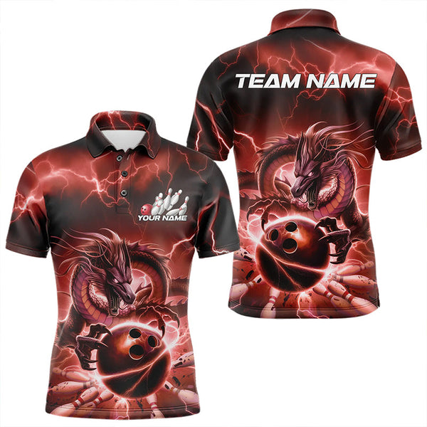 Maxcorners Custom Black And Red Thunder Lightning Dragon Bowling Polo Shirts For Men & Women, Team Uniform