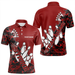 Maxcorners Custom Red Camo Strike Bowling Polo Shirts For Men, Strike Team Bowling League Shirt Shirt
