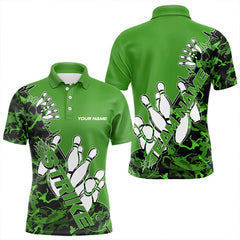 Maxcorners Custom Green Camo Strike Bowling Polo Shirts For Men, Strike Team Bowling League Shirt Shirt