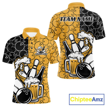 Maxcorners Custom Black And Yellow Retro Bowling Beer Team Shirts For Men, Bowling Pattern Jerseys LM2201