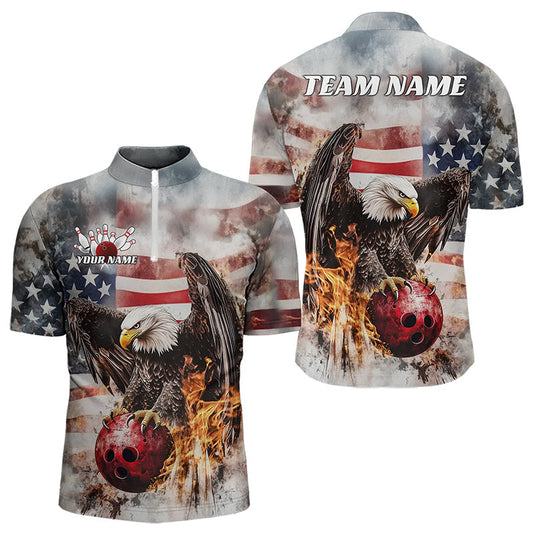 Maxcorners Custom Vintage US Flag Eagle Bowling Polo Shirts For Men, Flame Eagle Patriotic Bowling Shirt