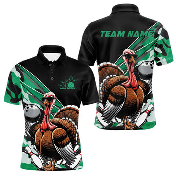 Maxcorners Custom Green Camo Funny Turkey Bowling Team Shirt For Men, Turkey Bowling Jerseys LM2201
