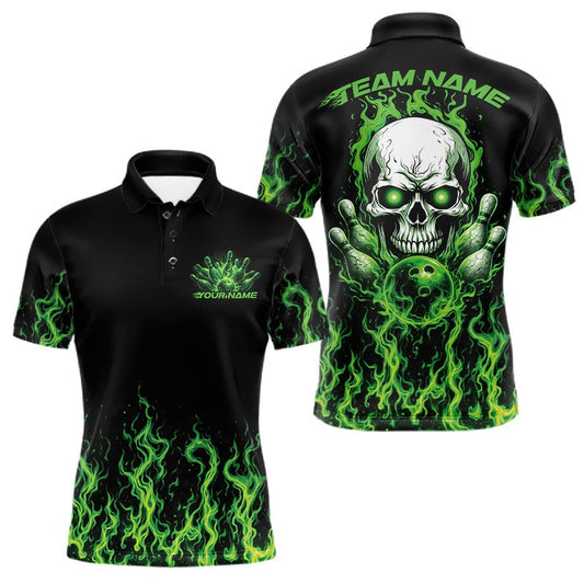 Maxcorners Custom Green Flame Skull Bowling Team Shirts For Men, Halloween Bowling Jerseys