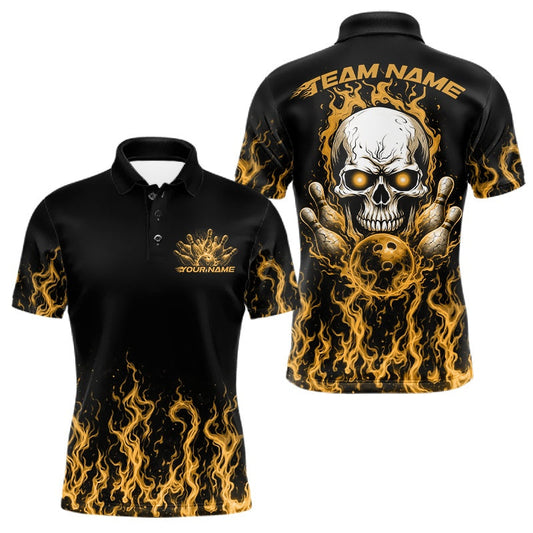 Maxcorners Custom Yellow Flame Skull Bowling Team Shirts For Men, Halloween Bowling Jerseys