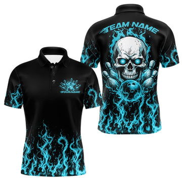 Maxcorners Custom Blue Flame Skull Bowling Team Shirts For Men, Halloween Bowling Jerseys