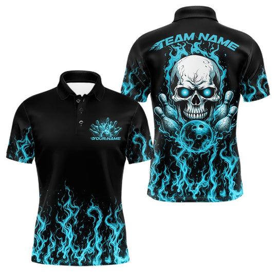 Maxcorners Custom Blue Flame Skull Bowling Team Shirts For Men, Halloween Bowling Jerseys