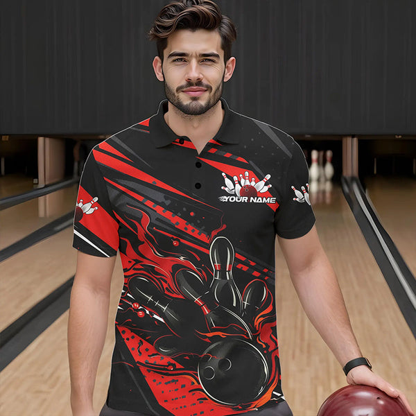 Maxcorners Custom Black And Red Flame Men Bowling Polo Shirts, Fire Bowling Ball Bowling Team Shirt