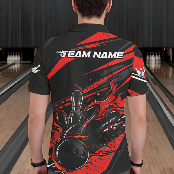 Maxcorners Custom Black And Red Flame Men Bowling Polo Shirts, Fire Bowling Ball Bowling Team Shirt