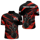 Maxcorners Custom Black And Red Flame Men Bowling Polo Shirts, Fire Bowling Ball Bowling Team Shirt